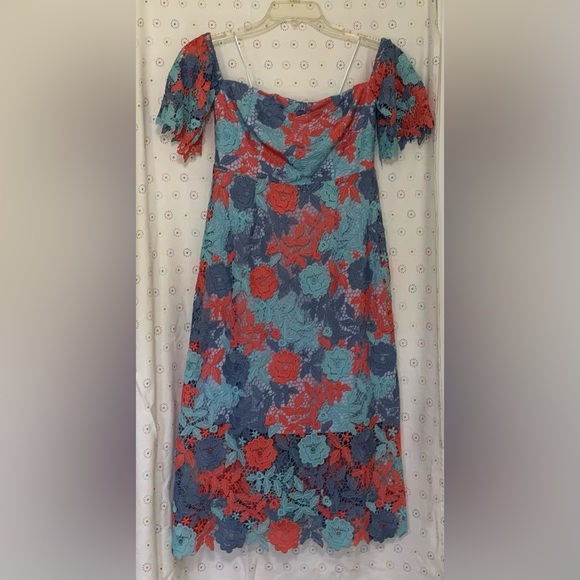 Sam Edelman Dresses & Skirts - Sam Edelman Lace Dress Size 0 Pink Blue Lined Off On Shoulder Midi Pencil